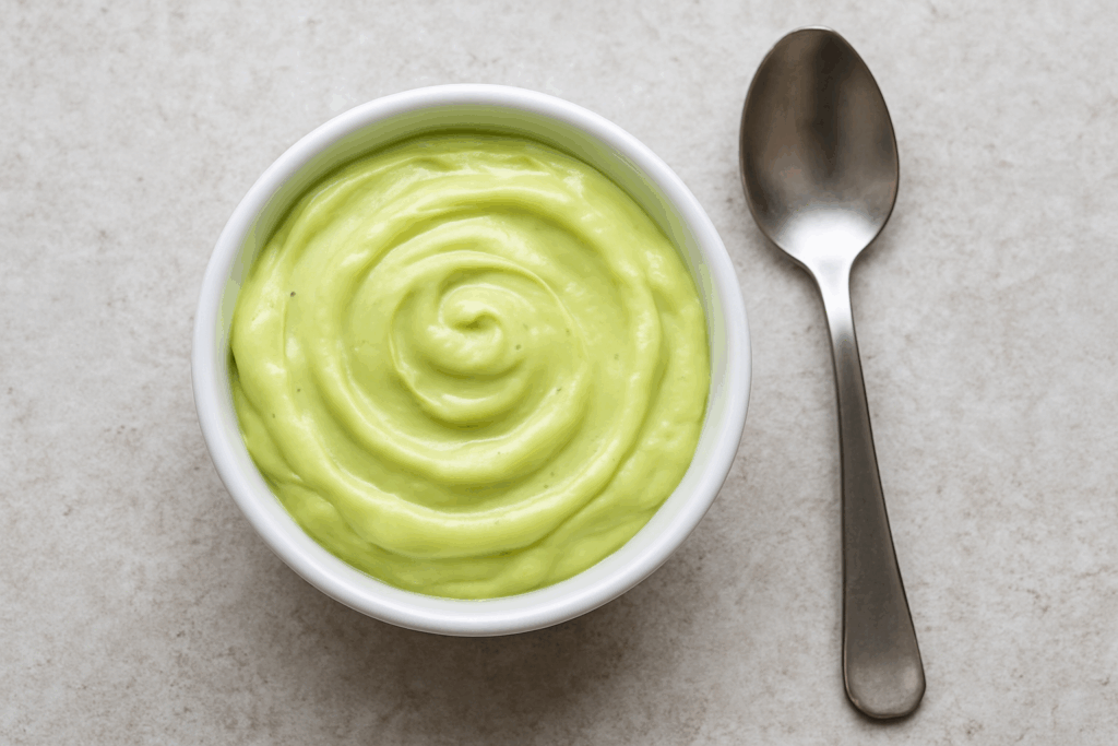 Overhead view of a bowl filled with creamy avocado mayo recepi, with a spoon placed beside it on a light countertop.