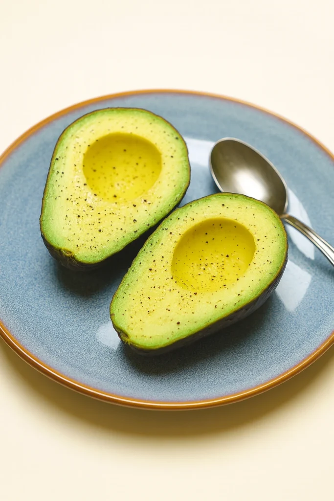 Ripe avocado halves sprinkled with black pepper on a blue plate with a spoon.