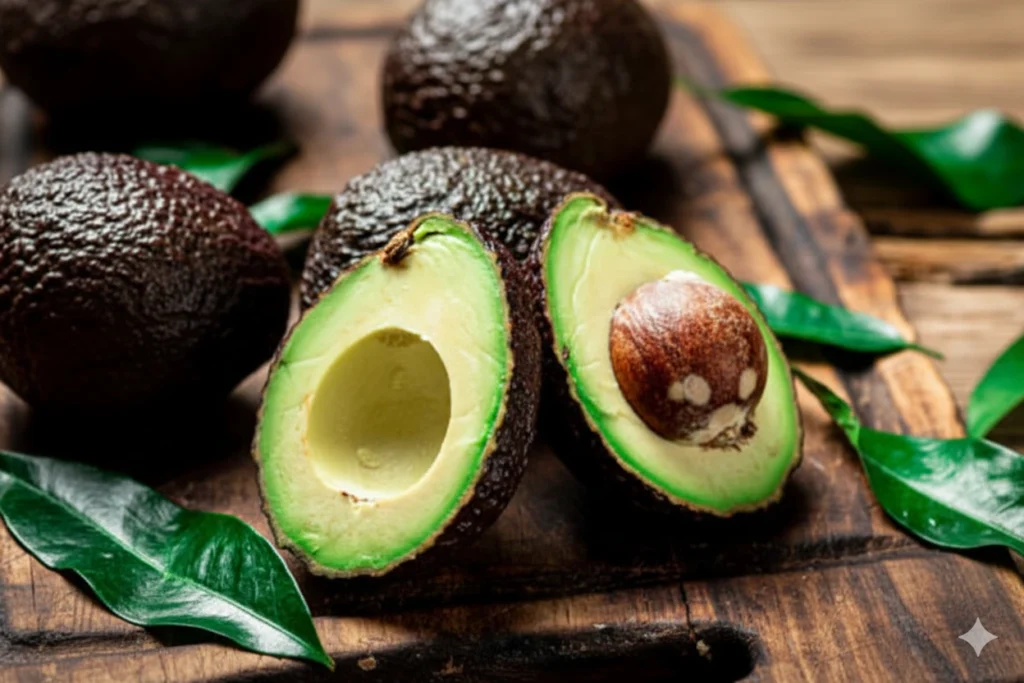 ripe Hass avocado cut in half on a rustic wooden cutting board showing green flesh and pit