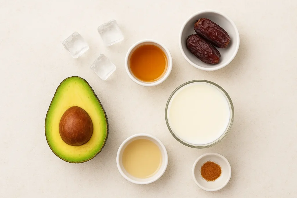 Landscape flat-lay photo of ripe avocado, milk, honey, dates, cinnamon, and ice cubes arranged neatly as ingredients to make a creamy avocado shake