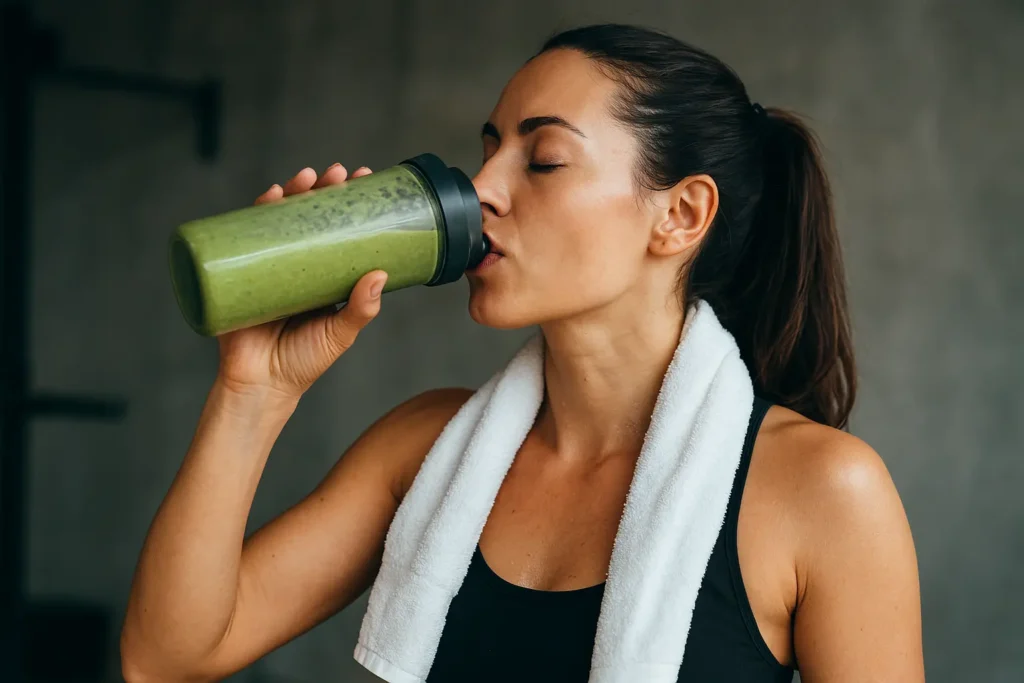 A woman in workout clothes drinks a green avocado shake from a bottle after finishing her exercise session in a gym.