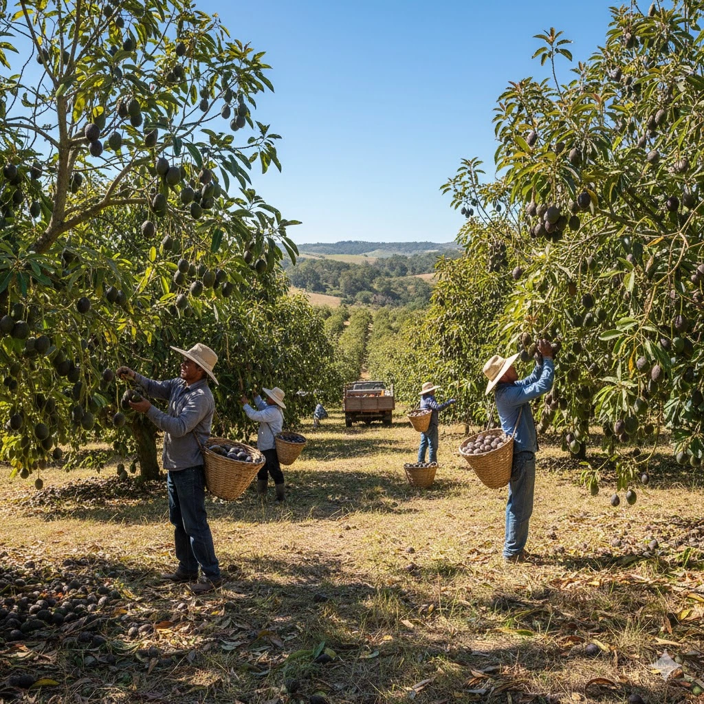 "Farmers in straw hats and long-sleeved shirts using long picking poles with baskets to harvest avocados from tall trees in a lush, sun-drenched grove, with a truck laden with avocados in the background and rolling hills under a clear blue sky."