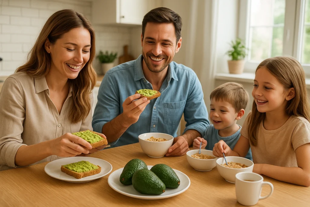 American family having breakfast with parents eating avocado toast and ripe avocados displayed on the table.