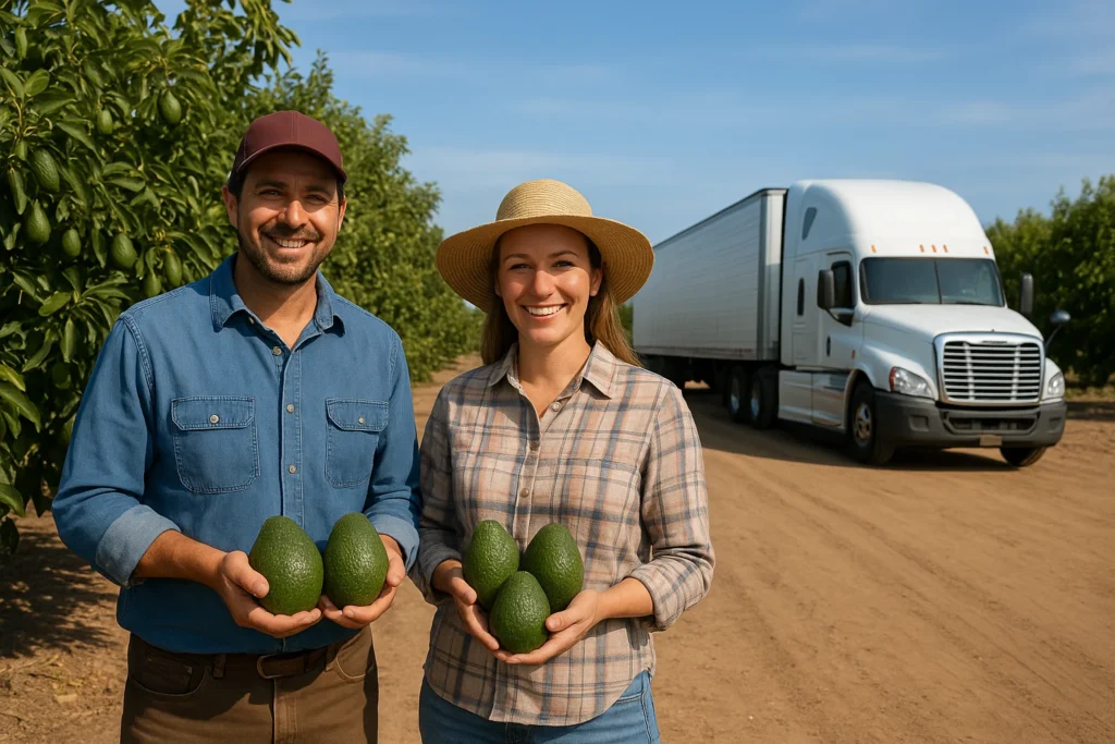Avocado farmers in California standing in an orchard holding freshly picked avocados with transport trucks in the background under clear daylight.