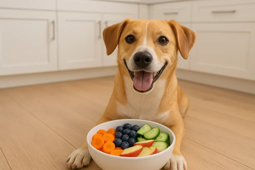 Happy dog sitting in a kitchen enjoying a bowl of dog-safe fruits and vegetables, showing a healthy pet-friendly food option.