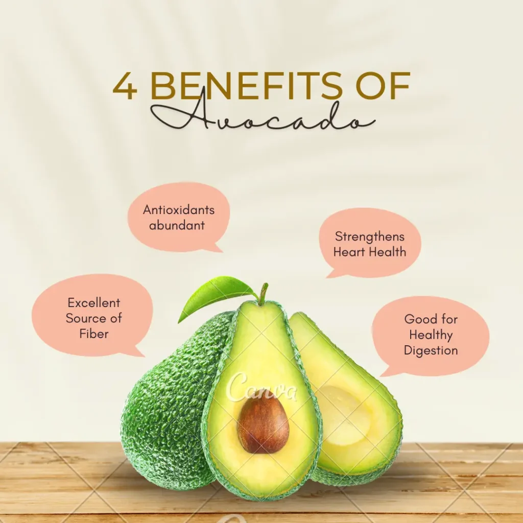 Illustration showing the benefits of avocado, highlighting antioxidants, fiber, digestion support, and avocado for heart health.