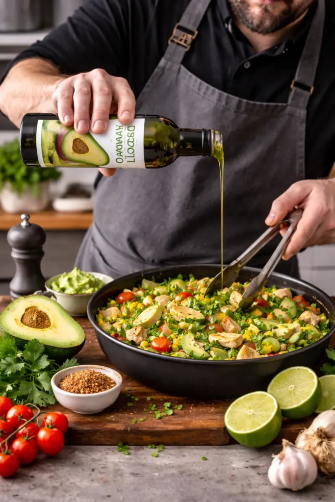 Chef preparing a fresh avocado meal using avocado oil, adding sliced avocado and herbs in a professional kitchen.