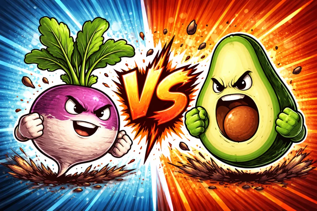 Turnip vs avocado illustration showing a cartoon turnip and avocado facing off in a colorful battle-style design