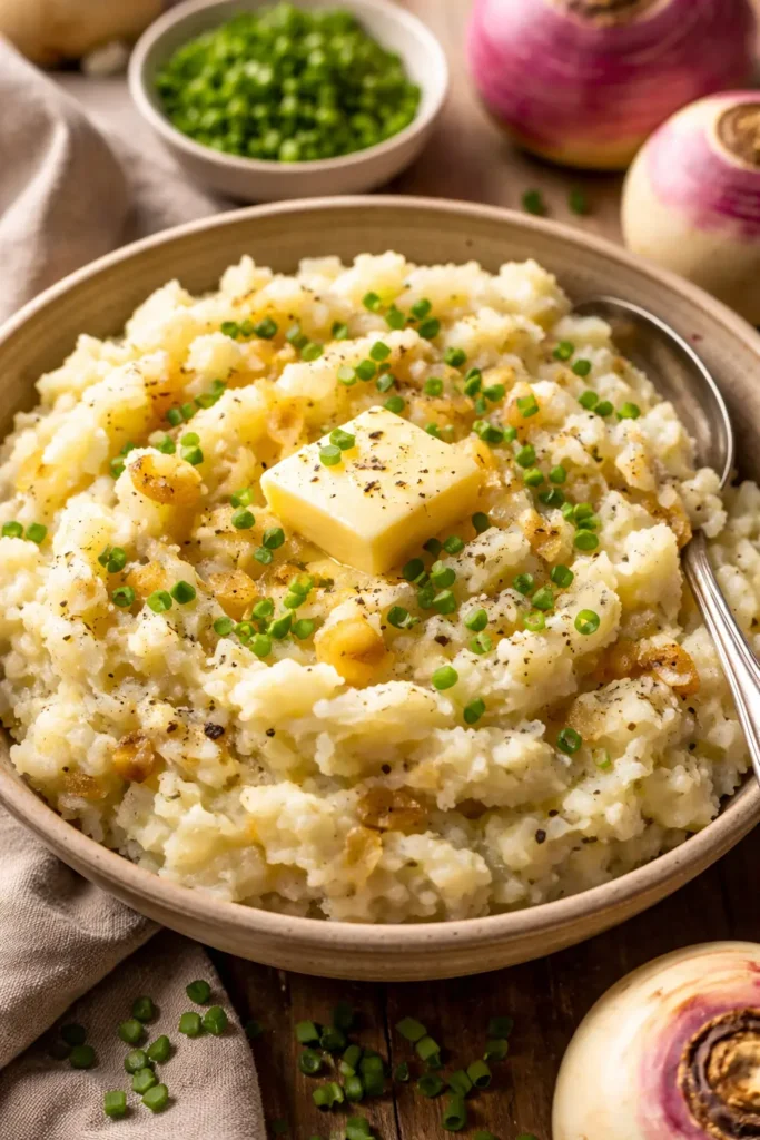 Mashed turnip recipe popular in the USA, made with butter, black pepper, and fresh herbs, served in a rustic bowl.