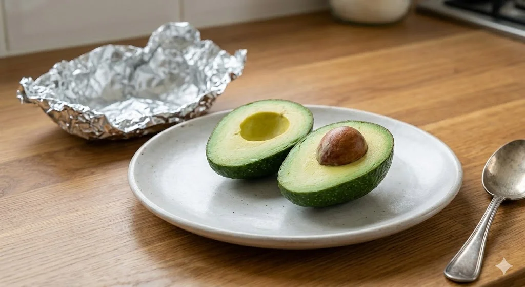 Finally, the separate view of the finished product: the plate with the two halved avocados, the pit, and the crumpled foil, all sitting on the wooden counter with natural side lighting.This shows ripen avocado hacks
