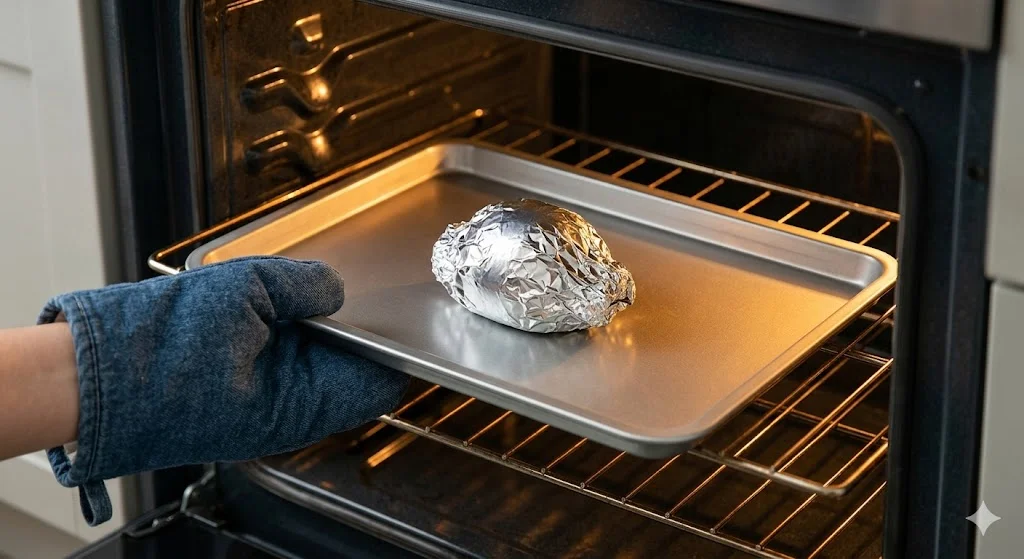 Here is the separate image of the hand in the denim mitt, placing the foil-wrapped avocado into the oven, with the warm internal oven light.