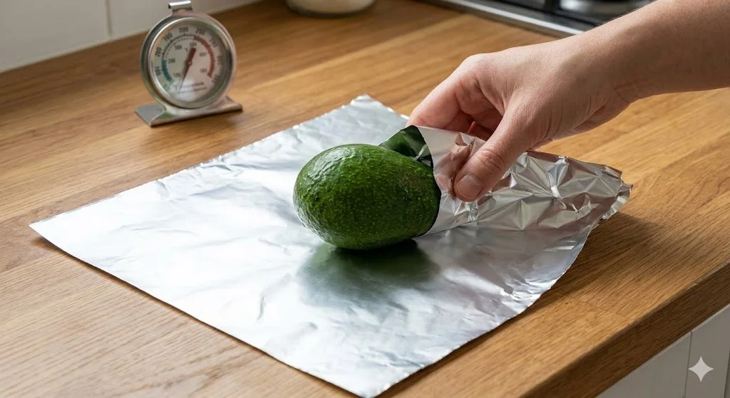 This is the single view of the avocado on the counter, with the hand starting to wrap it, and the oven thermometer in the background.