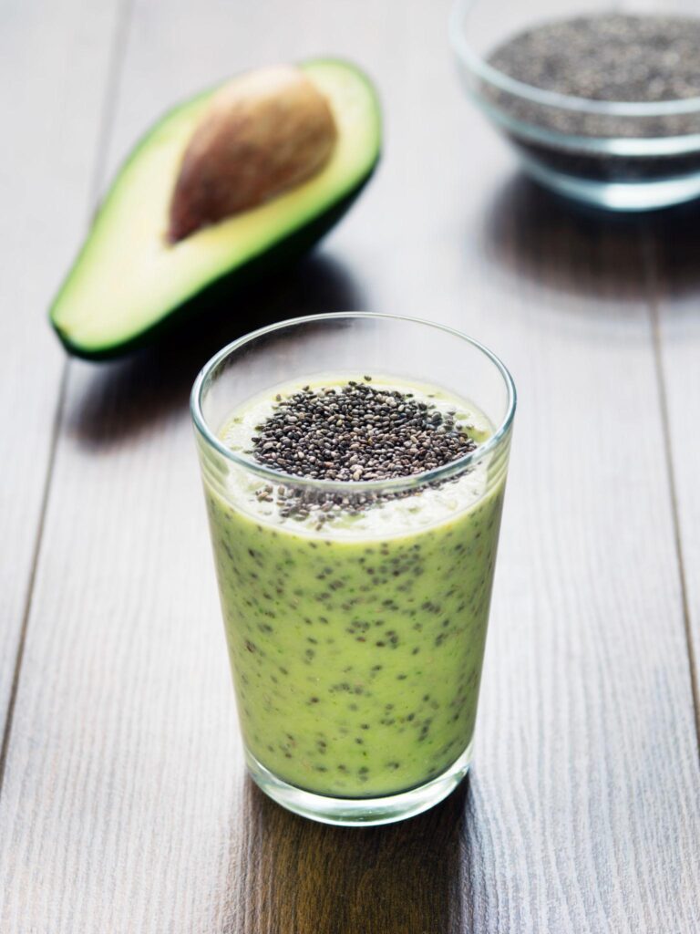 Healthy Avocado Energy Drink recipe blended with chia seeds for natural energy