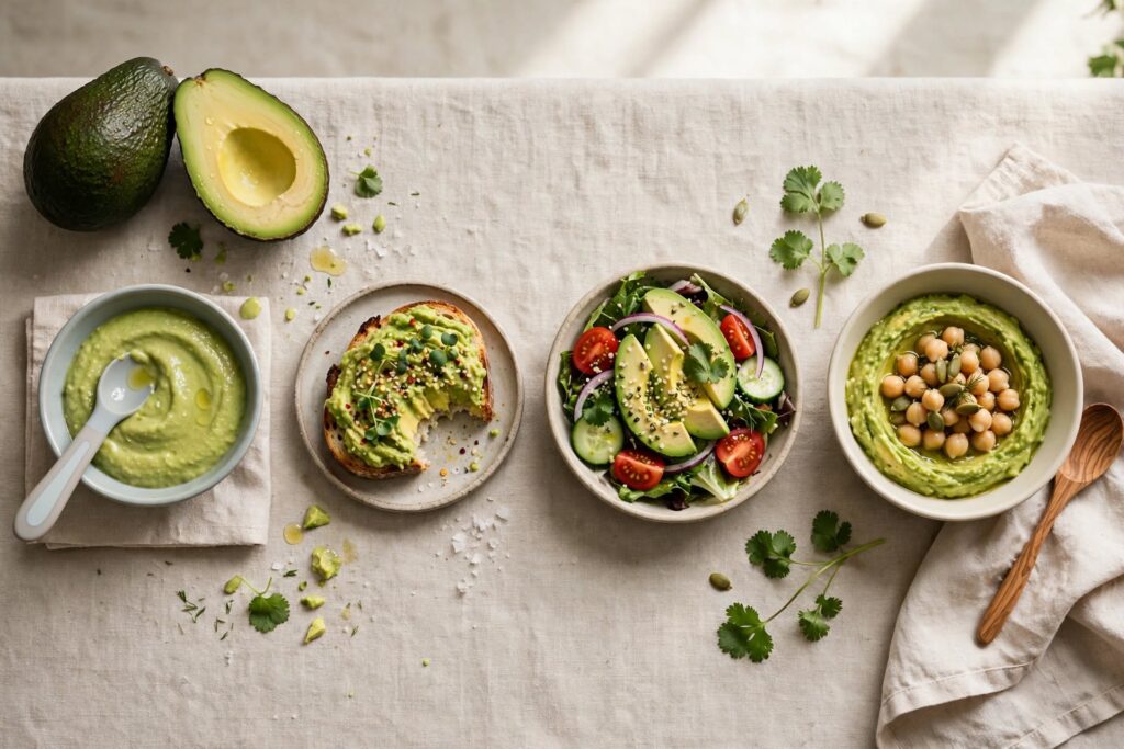 Editorial food photography flat lay showing avocado for different age groups — a whole avocado cut open beside four healthy servings: smooth avocado puree in a baby bowl with spoon, avocado toast on sourdough for a teenager, fresh avocado salad with tomatoes and cucumber for an adult, and soft avocado chickpea bowl for an older adult, styled on a natural linen tablecloth with natural light.