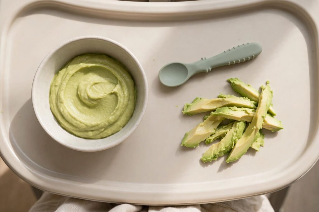 Overhead view of avocado for all age groups first stage — small bowl of smooth mashed avocado beside a baby-safe silicone spoon and soft avocado strips arranged on a neutral high-chair tray, bright natural daylight, clean minimal background, gentle family nutrition theme.