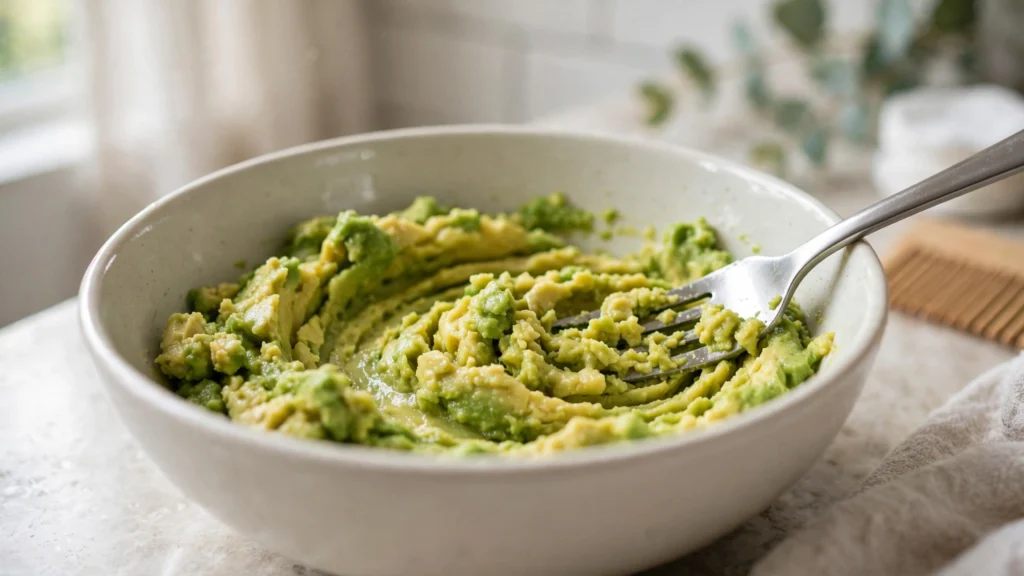 Mashed avocado for natural skin care after sun exposure