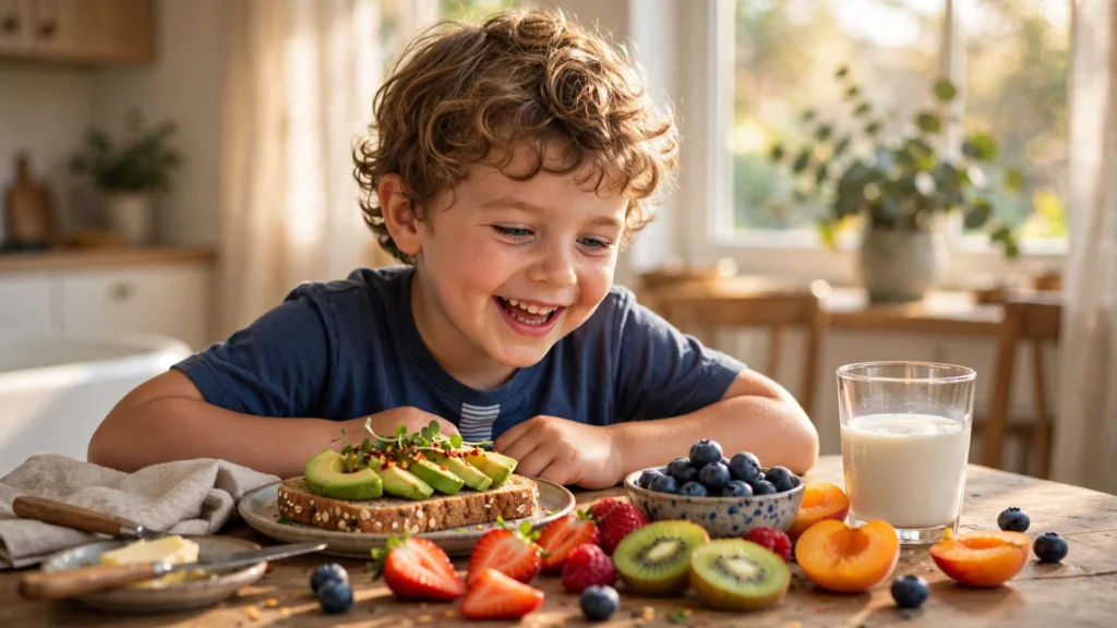 Child eating avocado for kids healthy breakfast