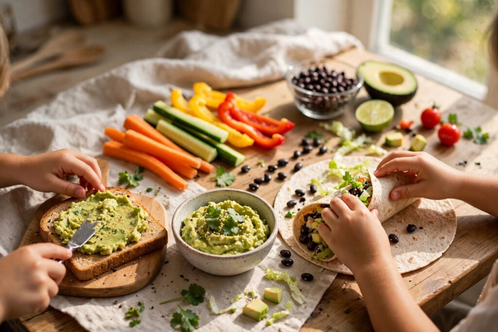 Bright lifestyle photo showing avocado for all age groups school-age stage — children's hands preparing healthy lunch with avocado toast, colorful carrot, cucumber and pepper sticks, bean-and-avocado wrap, and small bowl of avocado dip on a rustic kitchen table in cheerful natural light.