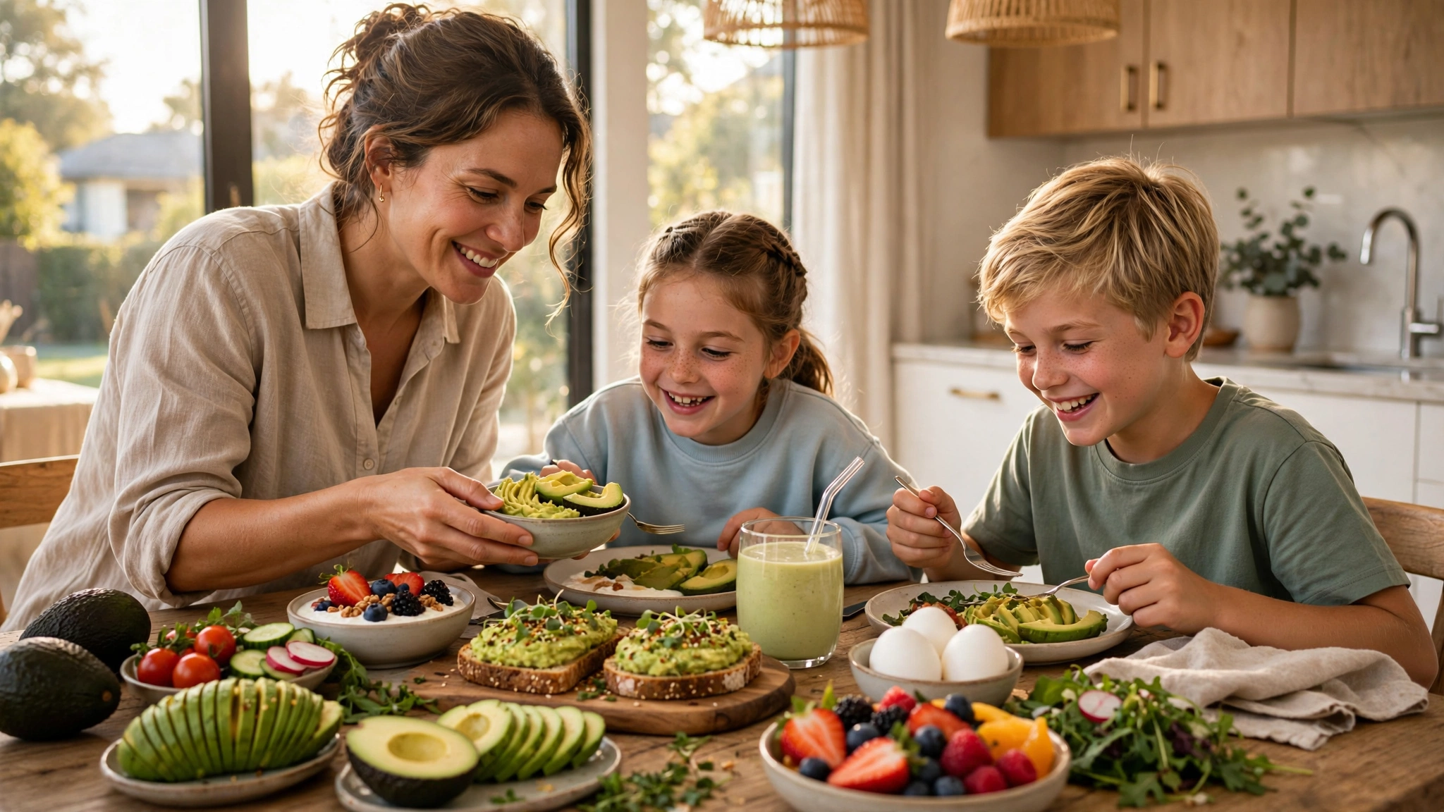 Fresh avocado for kids served as a healthy breakfast with fruits and whole-grain toast