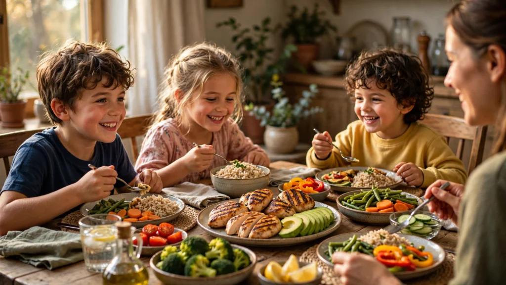  Healthy family dinner showing avocado included in children's daily meals.