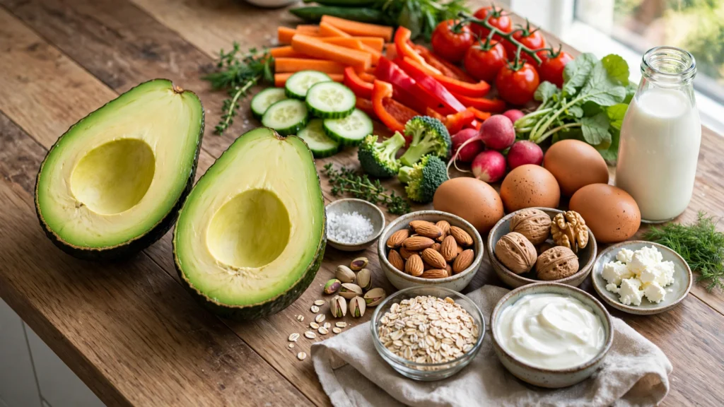  Fresh avocado with nutritious foods highlighting the benefits of avocado in children's diet.