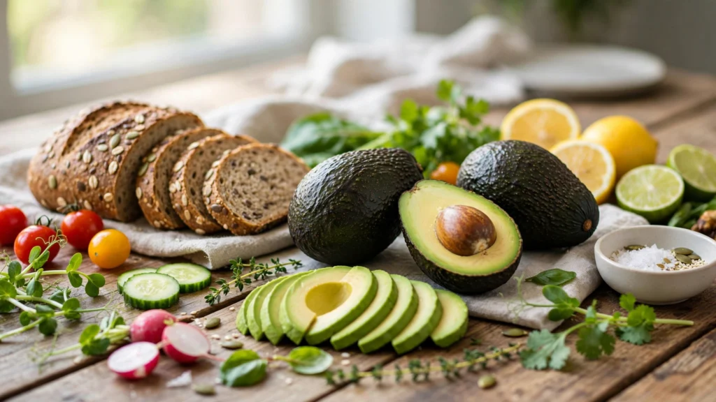 Fresh Hass avocados with healthy ingredients representing quality nutrition and wholesome living.