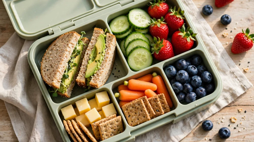 Healthy lunch box featuring avocado meal ideas for children.