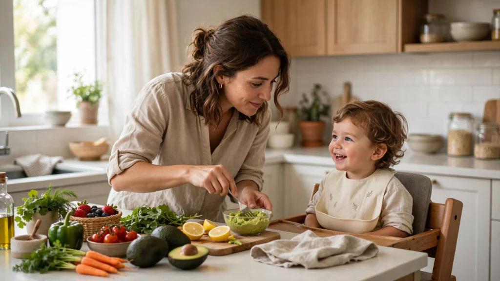 Alt Text: Parent preparing avocado safely for a young child.