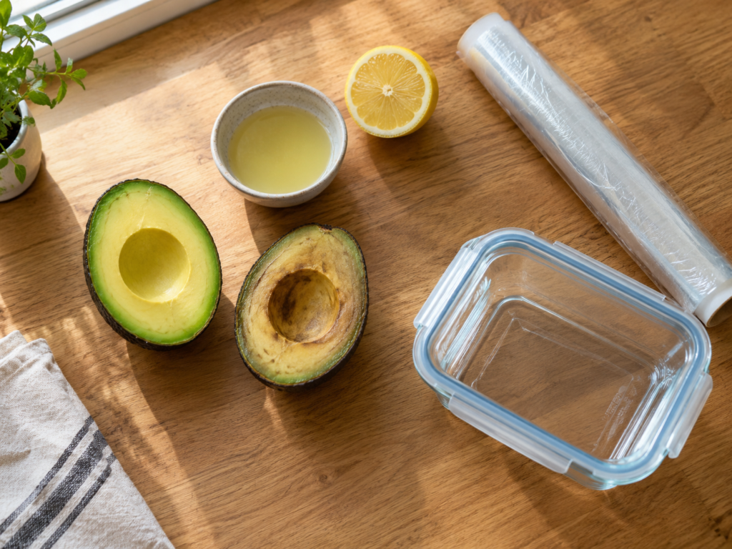 Fresh cut avocado half next to lemon juice, plastic wrap, and airtight container showing how to keep avocado fresh after cutting